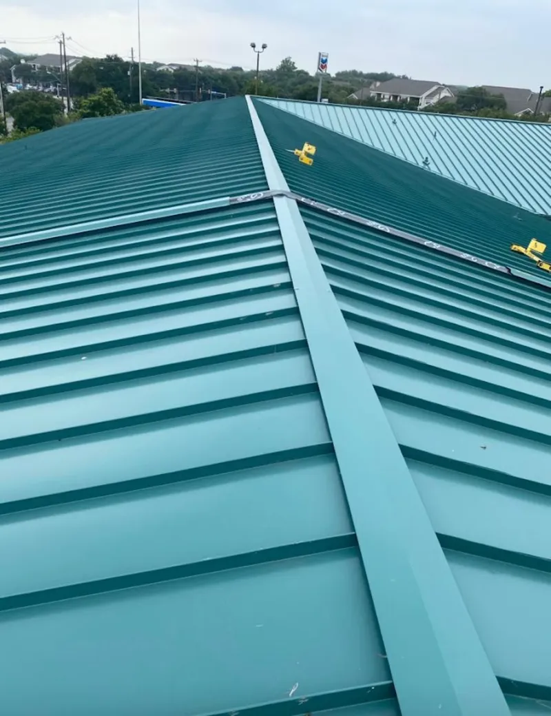 Green commercial metal roof ridge and valley for Metal Roof Repair in Woodside